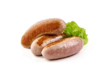 Grilled pork bangers, isolated on white background.