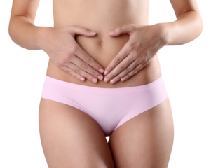 Female body belly, slim young woman in underwear with hands on belly forming a heart symbol, isolated on transparent background, concept of body care, healthy diet, Intimate hygiene and menstrual pain