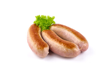 Grilled pork bangers, isolated on white background.