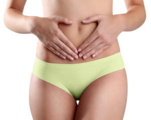 Female body belly, slim young woman in underwear with hands on belly forming a heart symbol, isolated on transparent background, concept of body care, healthy diet, Intimate hygiene and menstrual pain