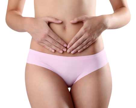 Female body belly, slim young woman in underwear with hands on belly forming a heart symbol, isolated on transparent background, concept of body care, healthy diet, Intimate hygiene and menstrual pain