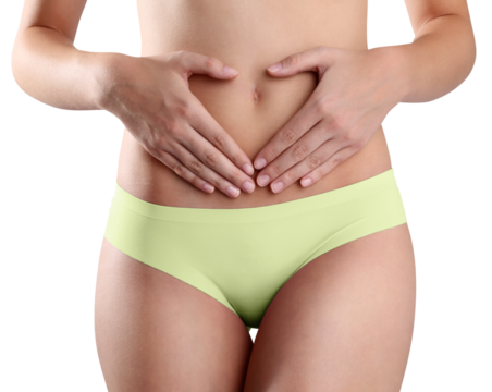 Female body belly, slim young woman in underwear with hands on belly forming a heart symbol, isolated on transparent background, concept of body care, healthy diet, Intimate hygiene and menstrual pain - Powered by Adobe