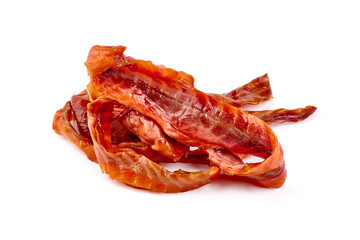 Dried Smoked Salmon Jerky, isolated on white background.