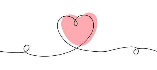 Continuous line in shape of heart. Pink heart. St Valentine's day sign. Doodle abstract love symbol. Minimalism. One line art. Thin line sketch. Flat design.
