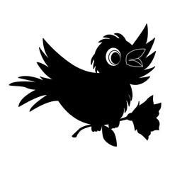 Vector icon of a sparrow with a flower. Vector black flying bird with flower