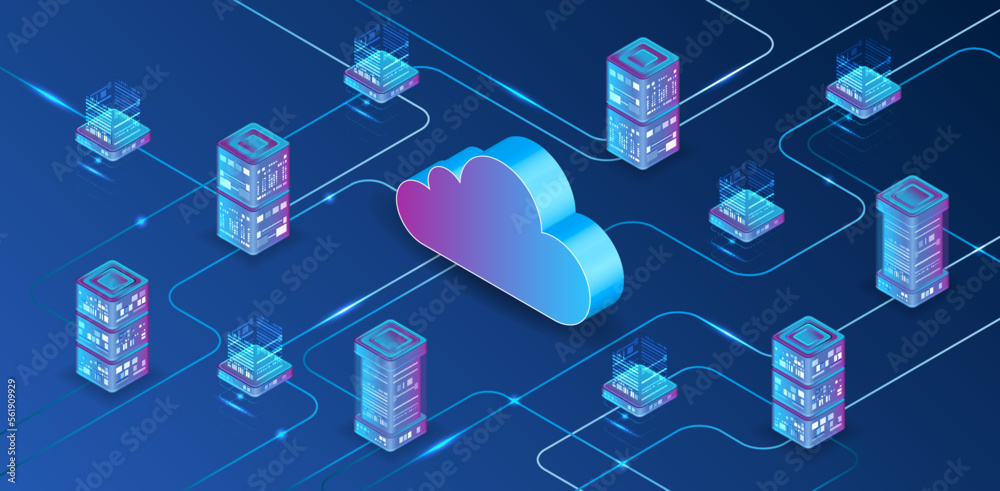 Aufkleber Cloud technology isometric background. Computer technology, server room, and equipment for internet networks. Data cloud storage technology. Database and data center vector illustration.