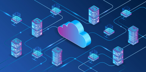 Cloud technology isometric background. Computer technology, server room, and equipment for internet networks. Data cloud storage technology. Database and data center vector illustration.