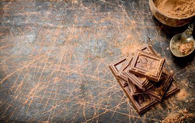 Chocolate slices with cocoa powder.