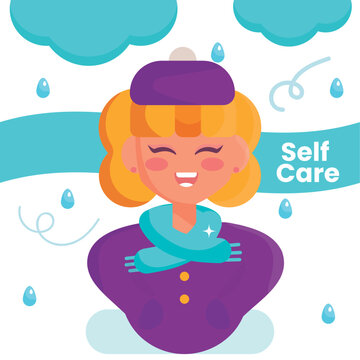 Happy Woman Character With Winter Clothes Self Care Vector