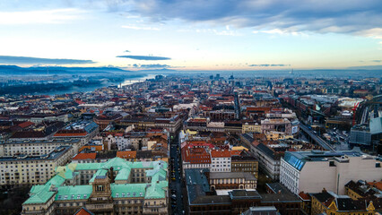 Fototapeta premium Budapest cityscapes form Gellert Hill. Amazing sunset in the background. Included the Danube river, historical bridges, Budapest dwontown,