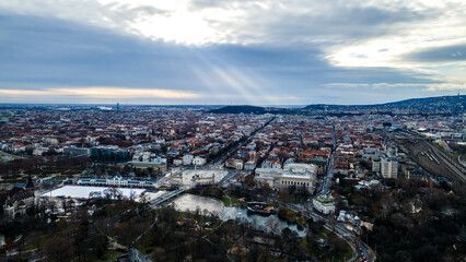 Fototapeta na wymiar Aerial dron view, Budapest, Budapest cityscapes form Gellert Hill. Amazing sunset in the background. Included the Danube river, historical bridges, Budapest dwontown,