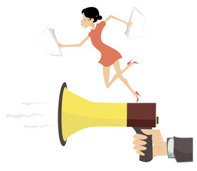 Hand with megaphone and running woman on it. 
Hand with megaphone shows a woman with papers a direction to move isolated on white
