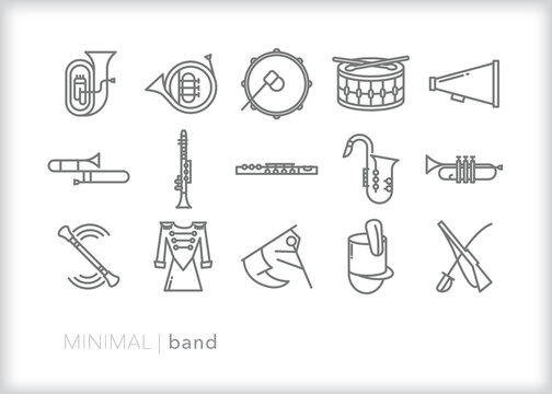 Set of band line icons of musical instruments, color guard flags and rifles, and other items for a high school or college marching band