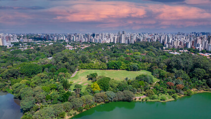 Aerial view of Ibirapuera Park in São Paulo, SP. Residential buildings around. Lake in Ibirapuera Park