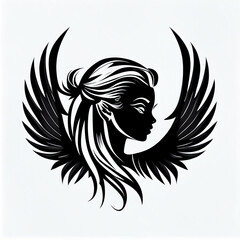 Obraz premium A black logo, representing a princesse face, light angel wings, jewelry, white background, simple drawing style