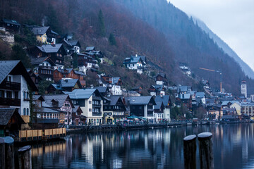 Hallstat village in the Austria. Beautiful village in the mountain valley near lake