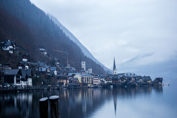 Fototapeta na wymiar Hallstat village in the Austria. Beautiful village in the mountain valley near lake