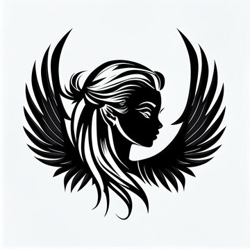 A black logo, representing a princesse face, light angel wings, jewelry, white background, simple drawing style