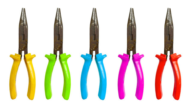 Rustic Tongs. Old Pilers. Vintage Pliers. Multicolored Plastic handles. Isolated on white background