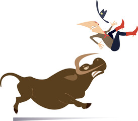 Farmer or cowboy and angry bull illustration.
Rodeo. Bull raised farmer or cowboy by horns. Isolated on white background
