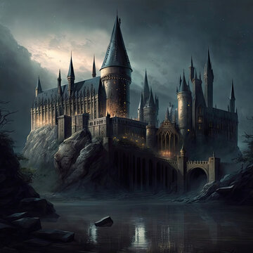 Hogwarts Castle in line. An image in form of a wizarding school from the Harry Potter universe. Generative AI