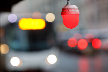 Construction lamp on background of road. blurry background with bokeh