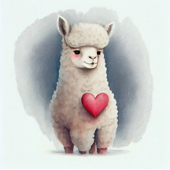 White alpaca with red heart, watercolour card, AI Generated