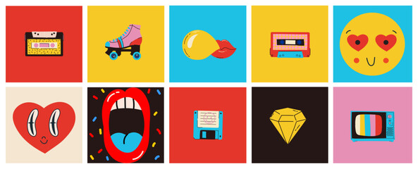 Set of patches for Valentine's day isolated on the background. Fun badges in retro style. Vector pictures of hearts, lips, gifts and other