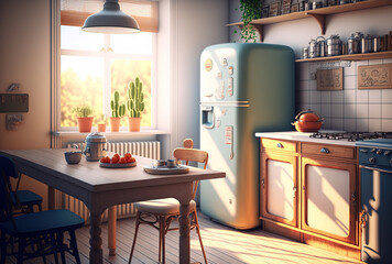 Retro kitchen empty light interior with wooden table, furniture and appliances. Oven, range hood refrigerator. Vintage cooking room in apartment illuminated with sunlight, art illustration 