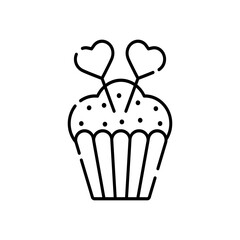 Vector outline romantic muffin icon. Thin line romantic muffin, cake, muffin outline icon isolated on white background. Vector outline muffin icon