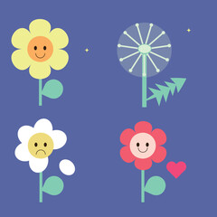 Daisy flover set. Smiling face head. camomile icon. Cute flower plant collection. Love card. Cartoon kawaii funny character. Growing concept. Flat design. Blue background