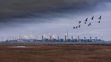 Infrastructure of a complex installation for the preparation of natural gas for transportation through a gas pipeline. Gloomy autumn sky. In the foreground is the polar tundra.
