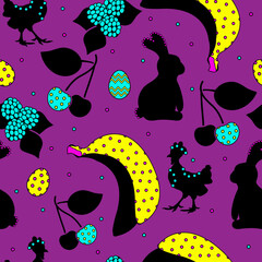 Easter seamless pattern with hen, rabbit, easter eggs and fruit. Pop art style. Festive decorative print. Packaging template, graphic design, wrapping paper, textile and wallpaper.