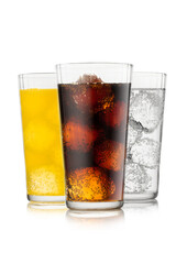 Cola soda drink with lemonade and orange soda with ice cubes and bubbles on white.