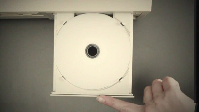 Vintage Retro PC, Using cd diskette for old computer. Music recorder, playing retro computer games. Vintage device for office, obsolete technology. 