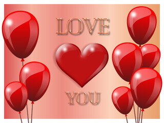 big realistic red heart with inscription love you. big red balls on the sides. vector illustration. luxury balloons, gradient background.eps