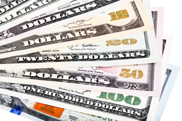 Collected American 1, 2, 5, 10, 20, 50 and 100 dollar bills. World money cash.