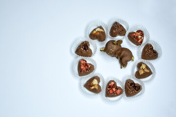 Chocolate cute fawn and candies with various fillings on a light background. Chocolate candies