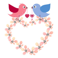 Stylized bright cartoon birds with hearts of decorative patterns in their beak, against the background of a heart of cherry flowers, a symbol of spring holidays, love, marriage, Valentine's Day