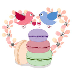 Stylized bright cartoon birds with hearts of decorative patterns in their beak, against the background of a heart made of cherry flowers, a symbol of spring holidays, love, marriage, Valentine's Day a