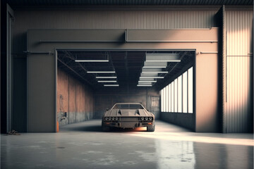 Grunge Studio Showroom Big Empty Steel Concrete Hangar, Generative ai