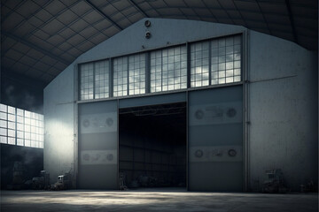 Grunge Studio Showroom Big Empty Steel Concrete Hangar, Generative ai
