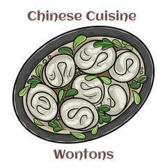 Wontons. It is typically boiled in a light broth or soup and made with a meatier filling. Chinese food. Vector image isolated.