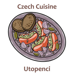 Utopenci. It is jar of piquantly pickled small sausages in sweet-sour vinegar stock, with ground black pepper, sliced onions and bay leaves. Czech food. Vector image isolated.