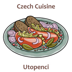 Utopenci. It is jar of piquantly pickled small sausages in sweet-sour vinegar stock, with ground black pepper, sliced onions and bay leaves. Czech food. Vector image isolated.