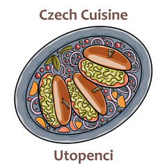 Utopenci. It is jar of piquantly pickled small sausages in sweet-sour vinegar stock, with ground black pepper, sliced onions and bay leaves. Czech food. Vector image isolated.