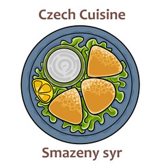 Smazeny syr. It is dish of deep-fried cheese served with salad, potatoes oor fries. Typically served with tartar sauce or mayonnaise.  Czech food. Vector image isolated.