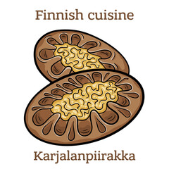 Karjalanpiirakka. The rye crust is traditionally filled with rice porrodge and topped with egg butter. Finnish food. Vector image isolated.