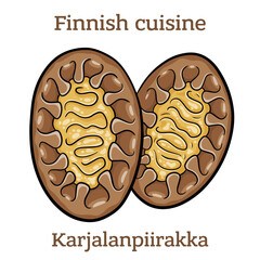Karjalanpiirakka. The rye crust is traditionally filled with rice porrodge and topped with egg butter. Finnish food. Vector image isolated.
