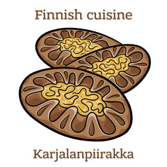 Karjalanpiirakka. The rye crust is traditionally filled with rice porrodge and topped with egg butter. Finnish food. Vector image isolated.